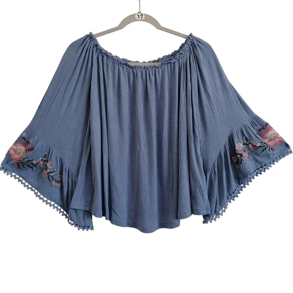 Altar'd State Women's Blue Floral Embroidered Off Shoulder Blouse Medium